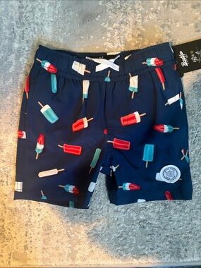 Brooklyn Cloth Navy Popsicle Swim Shorts with Red & Teal Accents